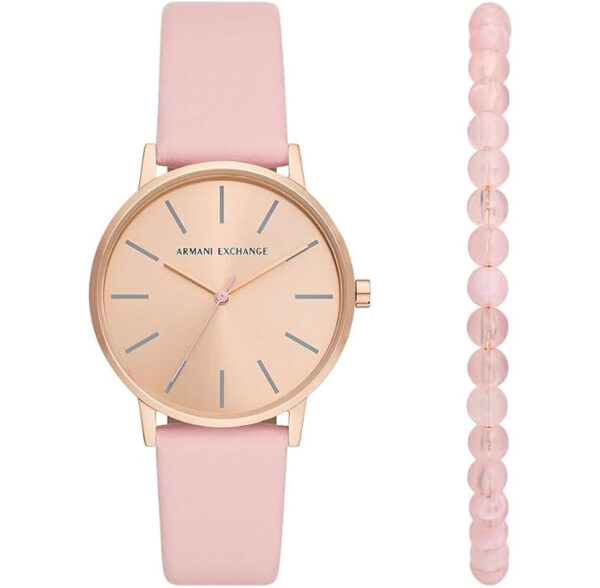 Reloj Armani Exchange AX7150 SET Lola para mujer modelo con movimiento cuarzo, cuenta con una caja de 36 mm de acero inoxidable en color oro y correa rosa