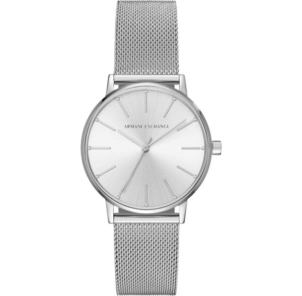 Reloj Armani Exchange Mujer AX5535 con movimiento de cuarzo, caja de acero 35 mm color plata y correa de acero de malla milanesa con cierre de gancho.