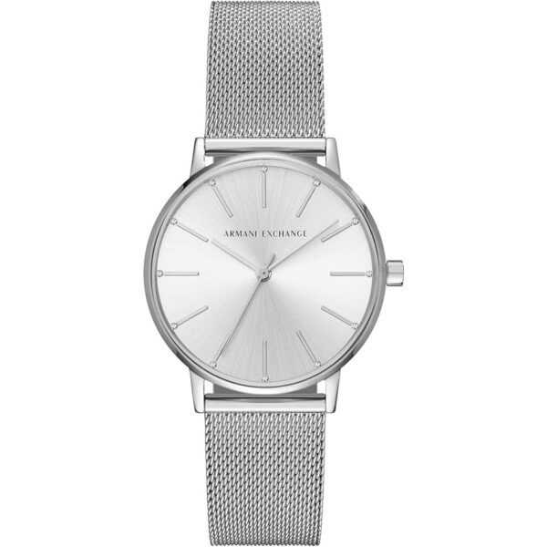 Reloj Armani Exchange Mujer AX5535 con movimiento de cuarzo, caja de acero 35 mm color plata y correa de acero de malla milanesa con cierre de gancho.
