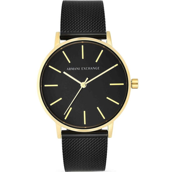 Reloj Armani Exchange AX5548 Lola Mujer con movimiento de cuarzo, caja de acero 36 mm color oro y correa de malla milanesa negra con cierre gancho.
