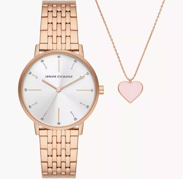 Reloj Armani Exchange AX7145 Este conjunto para regalar de Armani Exchange incluye un collar de cadena de acero inoxidable en tono oro rosa y un reloj de 36 mm con esfera blanca