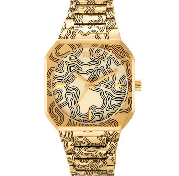 Reloj analógico TOUS 3000140000 Lit para mujer con brazalete y caja de acero dorado con gravado. Diámetro caja: 35 mm x 43,5 mm. Esfera: de acero estampada. Cristal: mineral plano redondo. Funciones: hora, minutos y segundos. Movimiento: cuarzo japonés. Impermeable: 5 ATM. Brazalete: 22mm x 18mm x 73 mm / 22mm x 18mm x 73mm. Cierre desplegable con pulsadores.