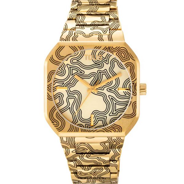 Reloj analógico TOUS 3000140000 Lit para mujer con brazalete y caja de acero dorado con gravado. Diámetro caja: 35 mm x 43,5 mm. Esfera: de acero estampada. Cristal: mineral plano redondo. Funciones: hora, minutos y segundos. Movimiento: cuarzo japonés. Impermeable: 5 ATM. Brazalete: 22mm x 18mm x 73 mm / 22mm x 18mm x 73mm. Cierre desplegable con pulsadores.