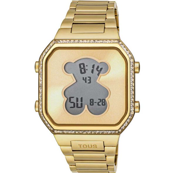 Reloj digital TOUS 3000131300 D-BEAR mujer con brazalete de acero IPG dorado y bisel con 80 zirconitas cubicas CZ engastadas en carril. Diámetro caja: 36,5 x 44,8 mm. Funciones: hora, minutos, segundos, día, mes i día de la semana, cronógrafo 1/100 segundos y alarma. Impermeable a 3 ATM. Batería: 3V litio CR2016 / 1,69 gramos (litio 0,025 gramos). Cristal: vidrio endurecido plano con forma de oso. Cierre desplegable con pulsadores.