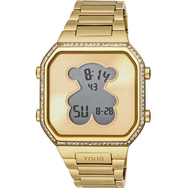 Reloj digital TOUS 3000131300 D-BEAR mujer con brazalete de acero IPG dorado y bisel con 80 zirconitas cubicas CZ engastadas en carril. Diámetro caja: 36,5 x 44,8 mm. Funciones: hora, minutos, segundos, día, mes i día de la semana, cronógrafo 1/100 segundos y alarma. Impermeable a 3 ATM. Batería: 3V litio CR2016 / 1,69 gramos (litio 0,025 gramos). Cristal: vidrio endurecido plano con forma de oso. Cierre desplegable con pulsadores.