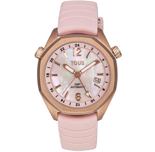Reloj TOUS 3000133800 mujer gmt automático Now de acero inoxidable y correa de silicona en color rosa.