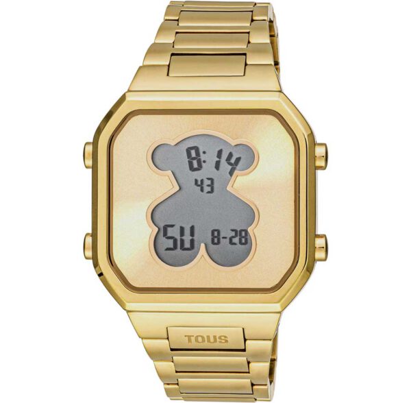 Reloj digital TOUS 3000134300 D-BEAR mujer con brazalete de acero IPG dorado y caja de acero en color IPG dorado. Diámetro caja: 36,5 x 44,8 mm. Esfera: metálica / Pantalla cristal líquido (LCD) con luz. Funciones: hora en 12 o 24 horas, minutos, segundos, día, mes y día de la semana, cronógrafo 1/100 segundos y alarma. Impermeable a 3 ATM. Batería: 3V litio CR2025 / 2,5 gramos (litio 0,003 gramos). Cristal: plano cuadrado con forma de oso en el interior. Cierre desplegable con pulsadores.