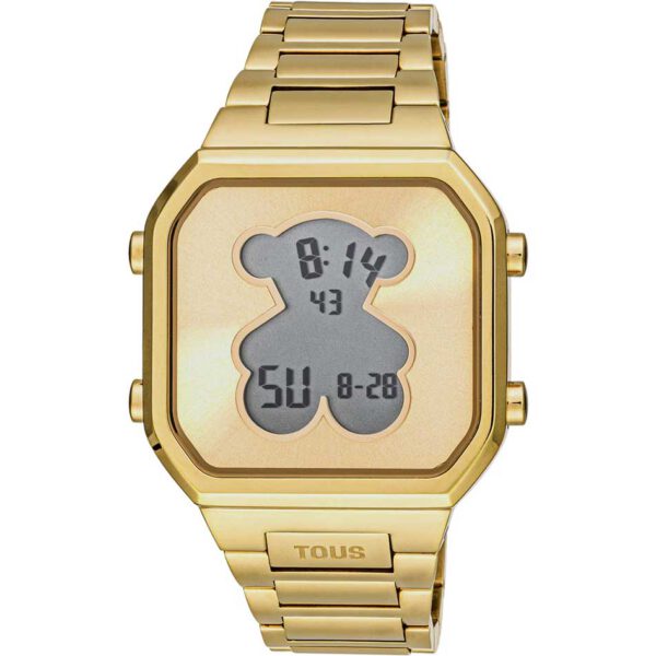 Reloj digital TOUS 3000134300 D-BEAR mujer con brazalete de acero IPG dorado y caja de acero en color IPG dorado. Diámetro caja: 36,5 x 44,8 mm. Esfera: metálica / Pantalla cristal líquido (LCD) con luz. Funciones: hora en 12 o 24 horas, minutos, segundos, día, mes y día de la semana, cronógrafo 1/100 segundos y alarma. Impermeable a 3 ATM. Batería: 3V litio CR2025 / 2,5 gramos (litio 0,003 gramos). Cristal: plano cuadrado con forma de oso en el interior. Cierre desplegable con pulsadores.
