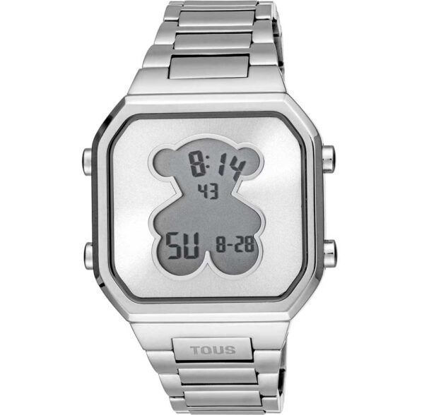 Reloj digital TOUS 3000134500 D-BEAR con brazalete de acero inoxidable y caja de acero inoxidable. Diámetro caja: 36,5 x 44,8 mm. Esfera: metálica / Pantalla cristal líquido (LCD) con luz. Funciones: hora en 12 o 24 horas, minutos, segundos, día, mes y día de la semana, cronógrafo 1/100 segundos y alarma. Impermeable a 3 ATM. Batería: 3V litio CR2025 / 2,5 gramos (litio 0,003 gramos). Cristal: plano cuadrado con forma de oso en el interior. Cierre desplegable con pulsadores.