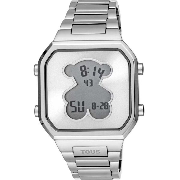 Reloj digital TOUS 3000134500 D-BEAR con brazalete de acero inoxidable y caja de acero inoxidable. Diámetro caja: 36,5 x 44,8 mm. Esfera: metálica / Pantalla cristal líquido (LCD) con luz. Funciones: hora en 12 o 24 horas, minutos, segundos, día, mes y día de la semana, cronógrafo 1/100 segundos y alarma. Impermeable a 3 ATM. Batería: 3V litio CR2025 / 2,5 gramos (litio 0,003 gramos). Cristal: plano cuadrado con forma de oso en el interior. Cierre desplegable con pulsadores.